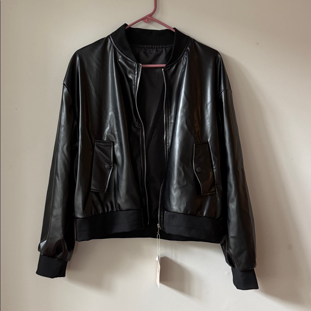 Black Faux Leather Bomber Jacket